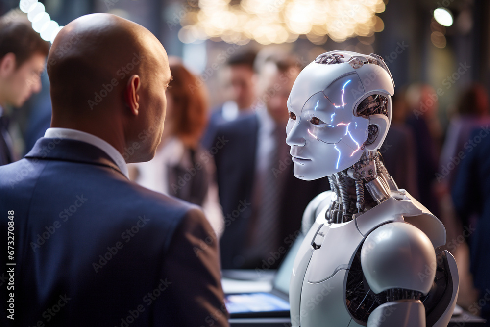 Poster close-up of a humanoid ai robot facilitating discussions at a conference, its advanced ai algorithms