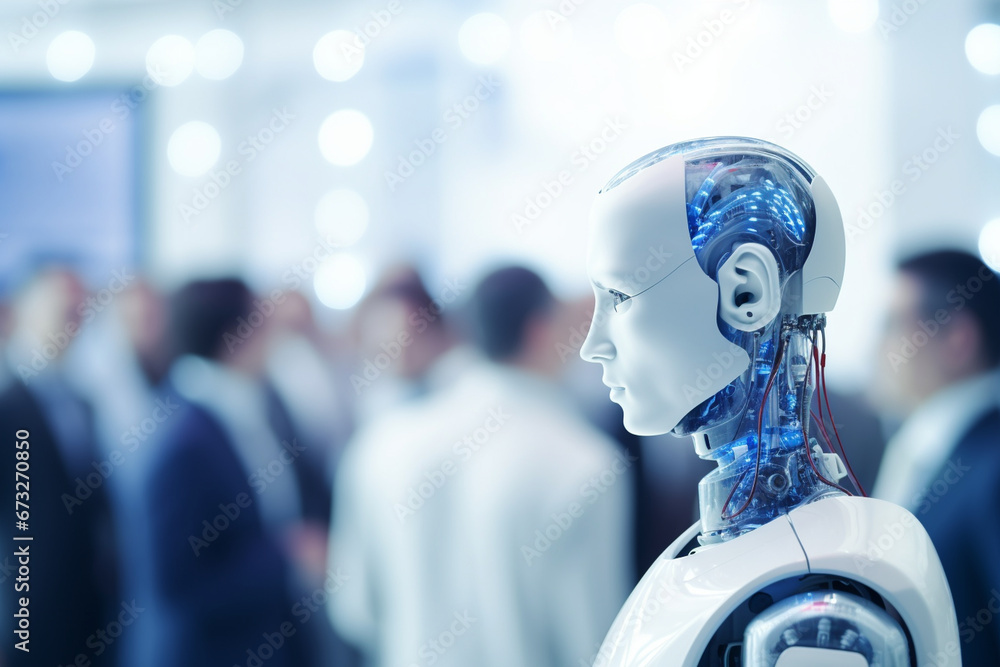 Poster close-up of a humanoid ai robot facilitating discussions at a conference, its advanced ai algorithms