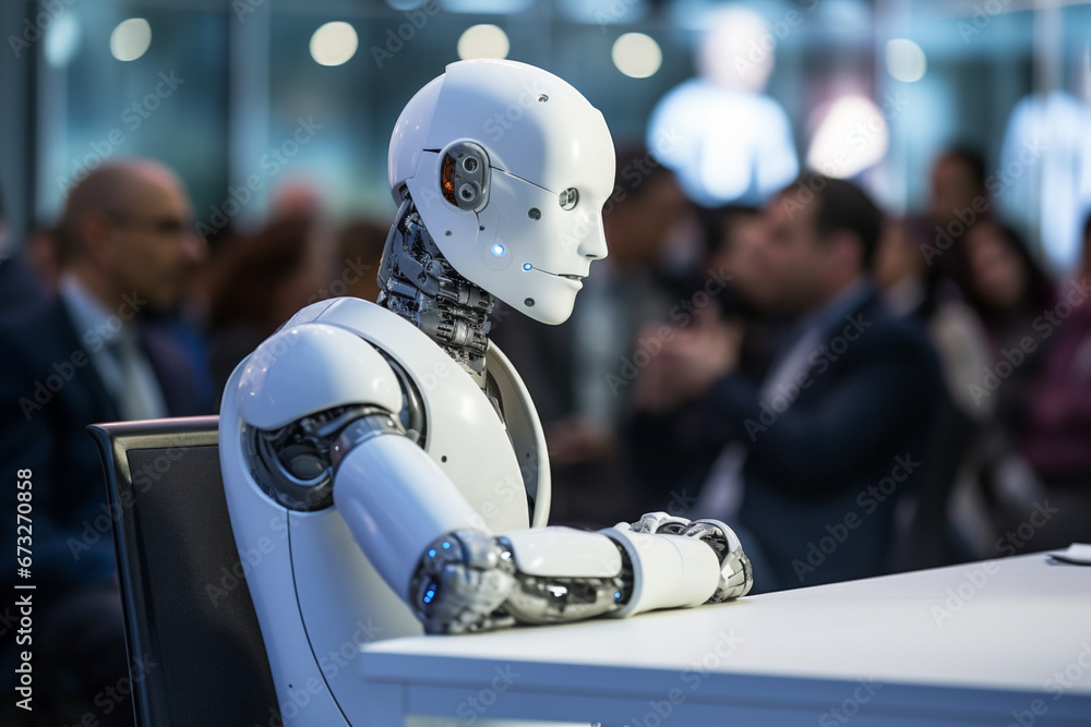 Poster close-up of a humanoid ai robot facilitating discussions at a conference, its advanced ai algorithms