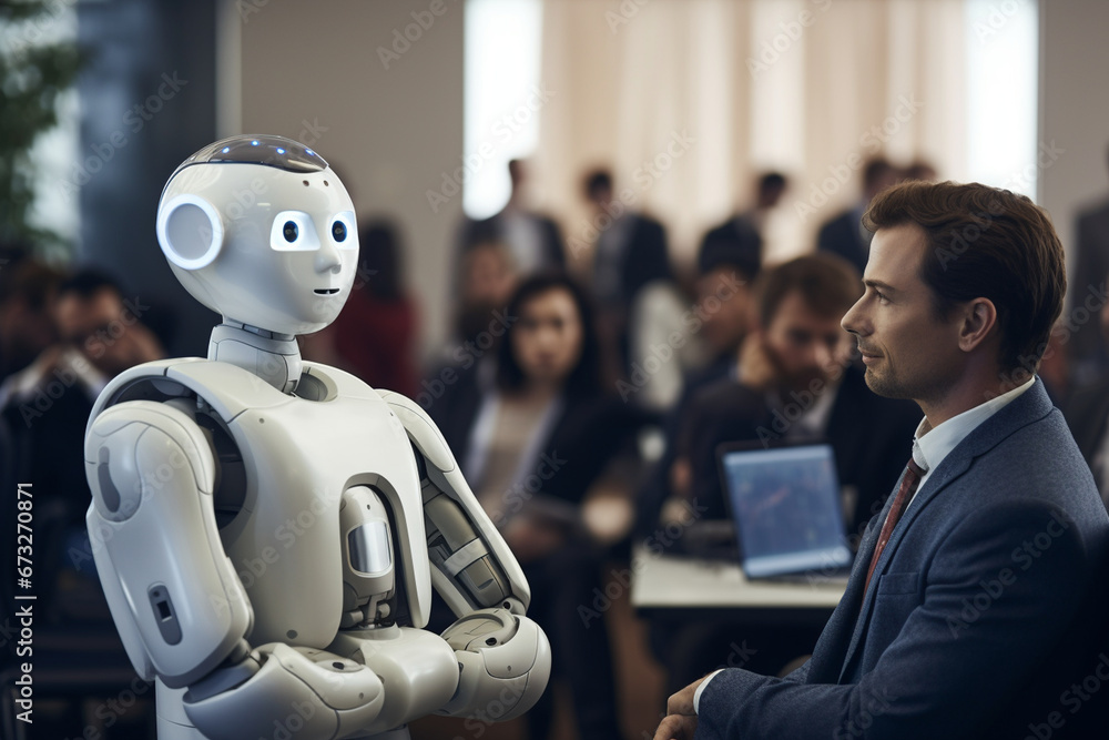 Poster an ai robot in close proximity to conference attendees, its human-like features and advanced communi