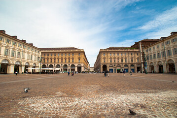 Piazza San Carlo square and twin churches of Santa Cristina and San Carlo Borromeo in the Old Town center of Turin, Italy - obrazy, fototapety, plakaty