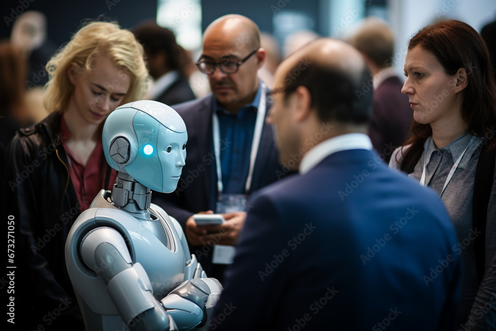 Poster a close-up view of the ai robot analyzing data and interacting with conference attendees, ensuring t