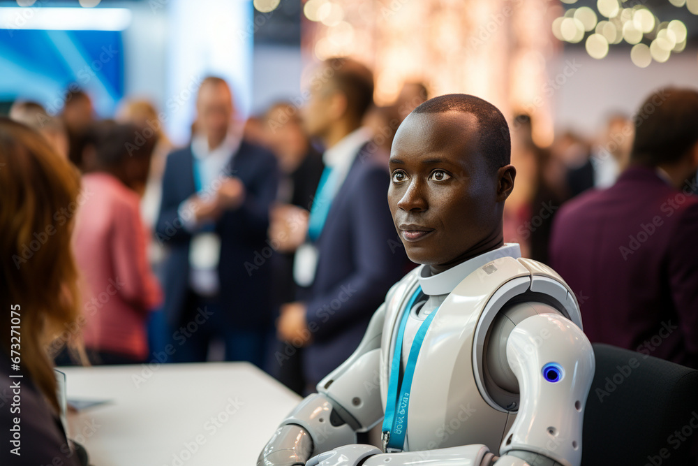 Poster close-up of the ai robot actively participating in a conference, utilizing its advanced conversation