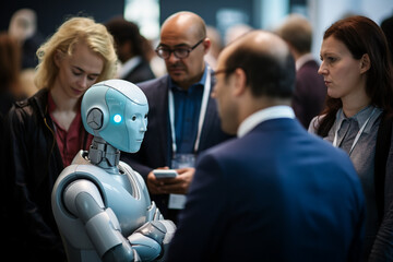 A close-up view of the AI robot analyzing data and interacting with conference attendees, ensuring that discussions remain relevant and fruitful 