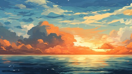 Beautiful landscape background. Cartoon summer sunset with clouds and lake. Anime style
