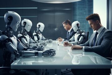 A conference room scene highlighting the AI robot's capability to adapt to different communication styles, promoting the effectiveness of the meeting 