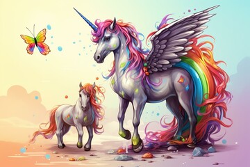 Obraz na płótnie Canvas A cartoon stallion horse with hooves, neighing, and a toy unicorn with wings, a horn, and a magical rainbow coloring in a fantasy fairy tale. Generative AI