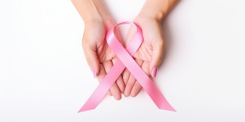 Woman hands holding pink ribbon over transparent white background, breast cancer awareness, cancer awareness day