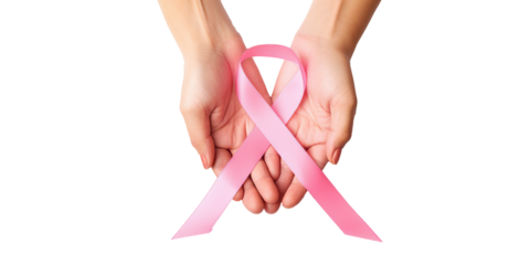 Woman hands holding pink ribbon over transparent white background, breast cancer awareness, cancer awareness day