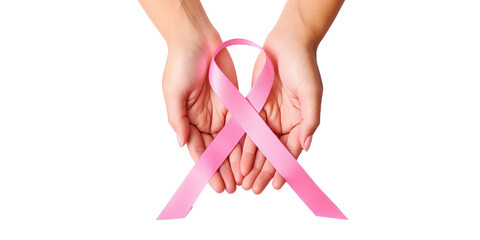 Woman hands holding pink ribbon over transparent white background, breast cancer awareness, cancer awareness day