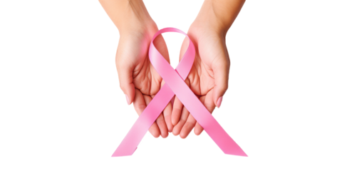 Woman hands holding pink ribbon over transparent white background, breast cancer awareness, cancer awareness day