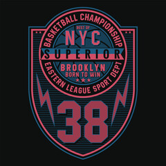 Typographic vector illustration of basketball theme badge.t shirt graphics