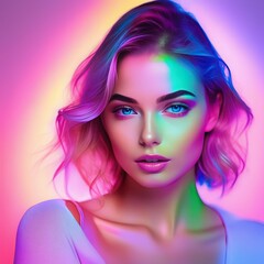 portrait of attractive young woman posing in studio portrait of attractive young woman posing in studio beautiful blonde with rainbow makeup in studio with colorful lights
