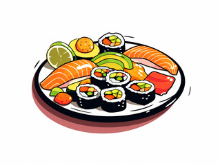 Illustration of a traditional Japanese seafood sushi dish.