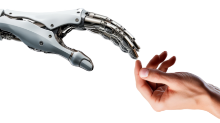 artificial intelligence, a robot hand and human hand touching each other isolated on transparent white background