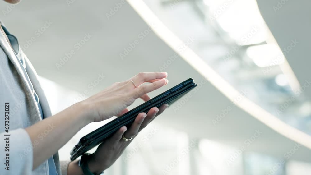 Poster office, hands of woman and tablet with lens flare, scroll or browse internet website for research. o