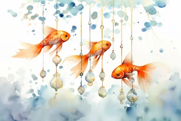 Fotobehang Watercolor illustration of wind chimes and goldfish in a background. Generative AI © Yasmina