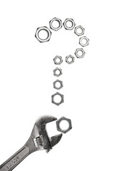 Conceptual image of a wrench, nuts and on white background. Nuts are organized in the form of a...
