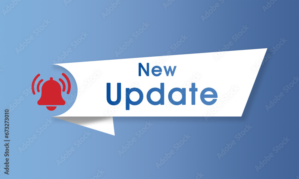 Poster new update alert with bell icon and text on blue background. update sign for any software, hardware 