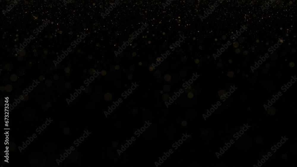 Poster golden particles loop flying on clean black copy space animation background.