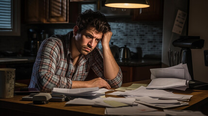 Young Man Struggling with Financial Worries like Paying Bills, Debits and Bankruptcy