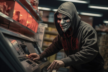 A masked robber robs a store. Store robbery. - obrazy, fototapety, plakaty