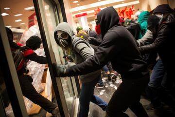 Masked robbers rob a store. Store robbery. - obrazy, fototapety, plakaty