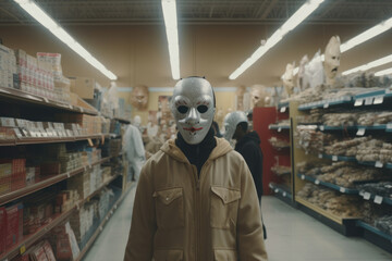 Scary masked robbers are robbing a store. Store robbery. - obrazy, fototapety, plakaty