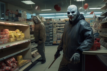 Scary robbers in masks and with a knife are robbing a store. Store robbery. - obrazy, fototapety, plakaty