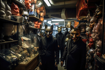 Scary robbers in golden masks are robbing a store. Store robbery. - obrazy, fototapety, plakaty