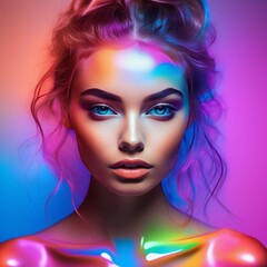 young woman with colorful lights on face young woman with colorful lights on face beauty portrait of a young woman with bright makeup and colorful lights. fashion model with colored neon lights in neo
