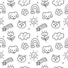 Doodle handdrawn cartoon with black line seamless pattern background for wallpaper, illustration. Animal, cat, dog, flower
