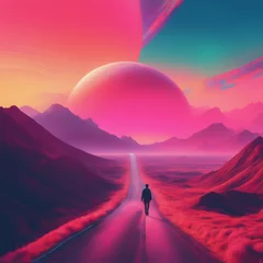 Fotobehang Roze surreal landscape with a surreal landscape.surreal landscape with a surreal landscape. 3d render of a beautiful alien landscape with a colorful sky with a pink sunset, a fantasy planet, alien planet, 