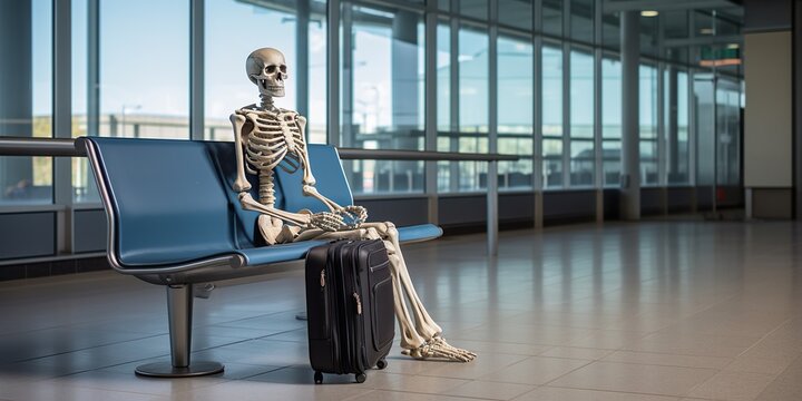 Skeleton sits in a chair in an airport waiting room, luggage stands next to it , concept of Undead traveler