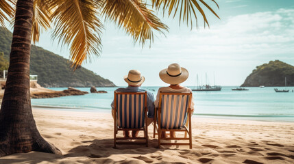 elderly married couple is relaxing on the beach, sitting on sun loungers, enjoying the seascape with yachts and views of paradise islands. - Powered by Adobe