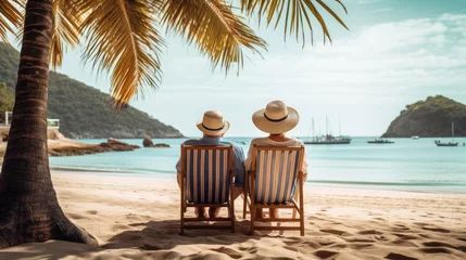 Poster elderly married couple is relaxing on the beach, sitting on sun loungers, enjoying the seascape with yachts and views of paradise islands. © Evgeniia