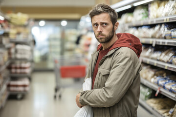 Shoplifter. A man hides stolen goods under his jacket. Retail theft. A man steals from a supermarket. - obrazy, fototapety, plakaty