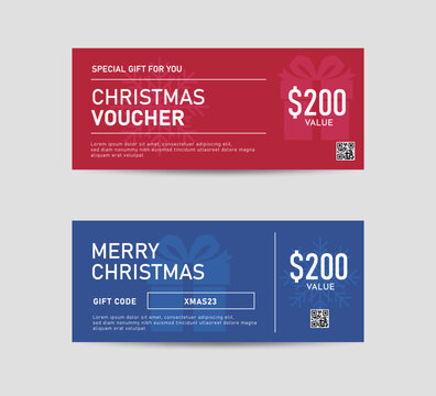 Christmas gift voucher template. Gift discount coupon design for holiday and seasonal sale cards. Vector illustration