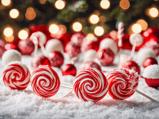 Christmas candy canes in the snow