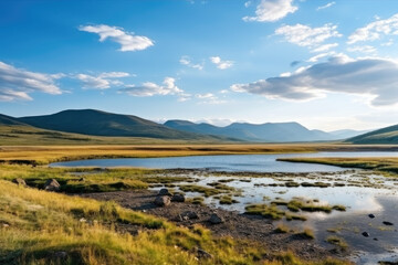 Fototapeta na wymiar Beautiful landscape of a lake in the steppe against the backdrop of mountains, hills and a beautiful blue sky with clouds. Steppe Lake.