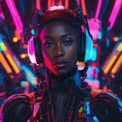 young african woman with headphones and neon lights in neon light.young african woman with headphones and neon lights in neon light.beautiful young african american girl posing on a neon background