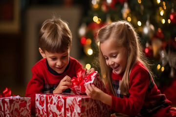 Fototapeta na wymiar children with christmas presents, generative ai 