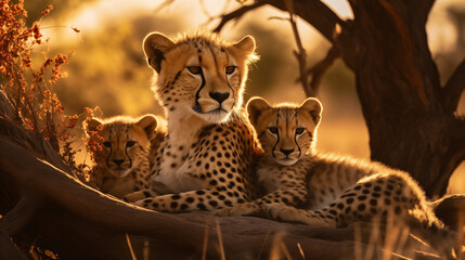 Cheetah and Cubs in Savannah Shade - obrazy, fototapety, plakaty