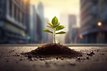 Fotobehang Nurturing growth. Environmental life and new beginnings in close up bokeh background. Seedling growth on city and botanical © Thares2020