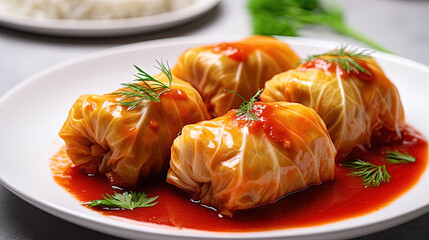 Cabbage Rolls Stuffed with Ground Beef and Rice Served on a White Plate Defocused Background - obrazy, fototapety, plakaty