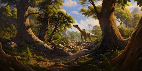 Hidden valley, the last dinosaur on ancient trees, concept of Enigmatic wilderness