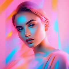 portrait of beautiful young blonde woman in pink and blue neon gradient studio portrait of beautiful young blonde woman in pink and blue neon gradient studio portrait of a young girl with neon gradien