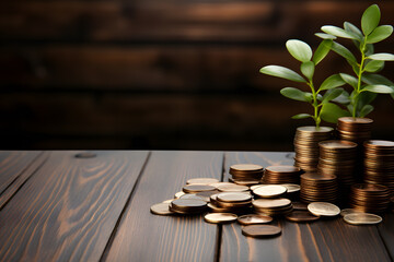Money Coins with Blurred Background on Wooden Table