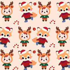 Obraz na płótnie Canvas Cute seamless pattern features a playful fox, a reindeer, and candy cane on a background of soft colors.