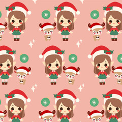 Adorable Santa Girl and Reindeer Seamless Pattern. Cute seamless pattern features an adorable Santa girl, a reindeer, and star on a soft pink background.